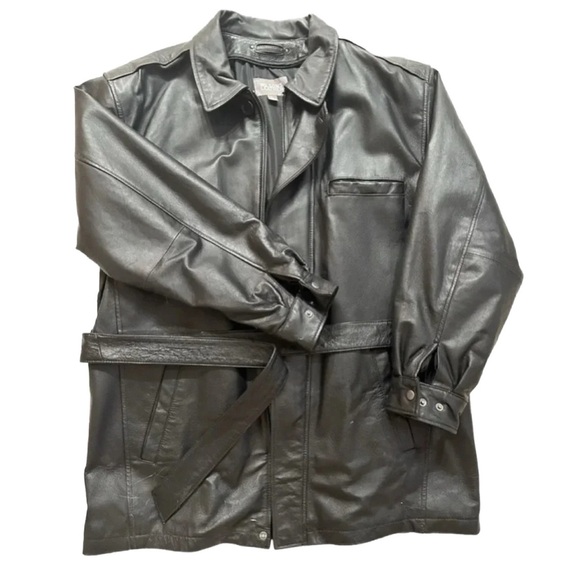 WILSON LEATHER ~ Men’s black leather mid-length coat excellent condition size L - Picture 1 of 10